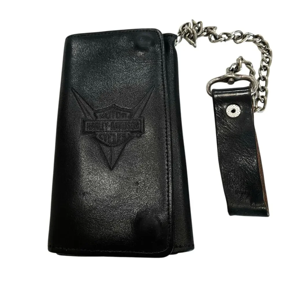Vintage Men's Split Leather Harley Davidson Bifold Wallet with Chain